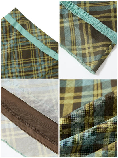 Mesh Color-Block Plaid Satin Bow Pleated A-Line Short Skirt【s0000017200】