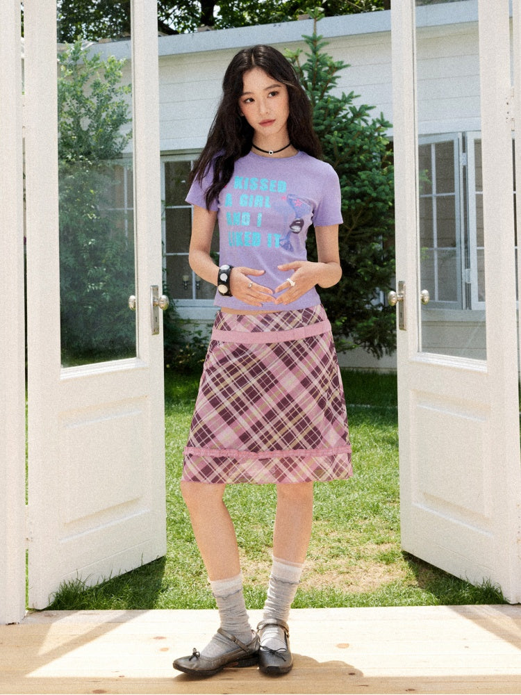 Mesh Color-Block Plaid Satin Bow Pleated A-Line Short Skirt【s0000017200】