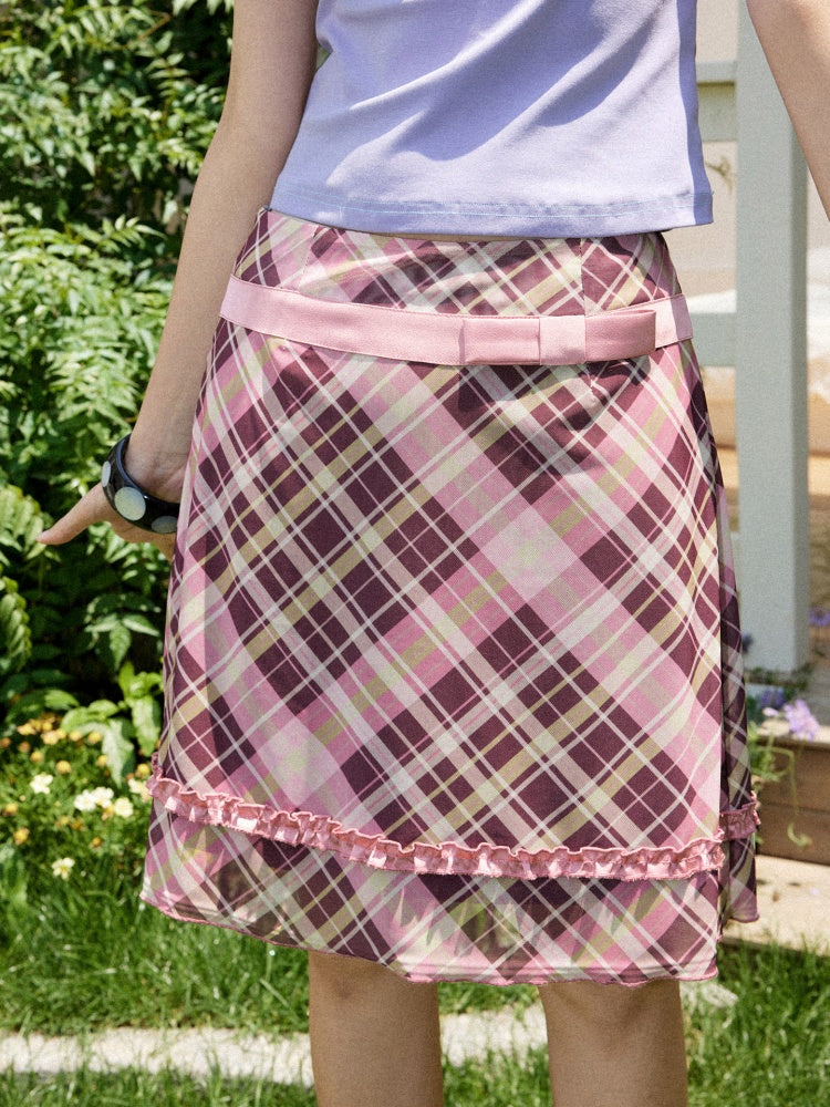 Mesh Color-Block Plaid Satin Bow Pleated A-Line Short Skirt【s0000017200】
