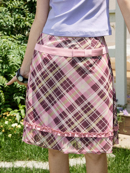 Mesh Color-Block Plaid Satin Bow Pleated A-Line Short Skirt【s0000017200】