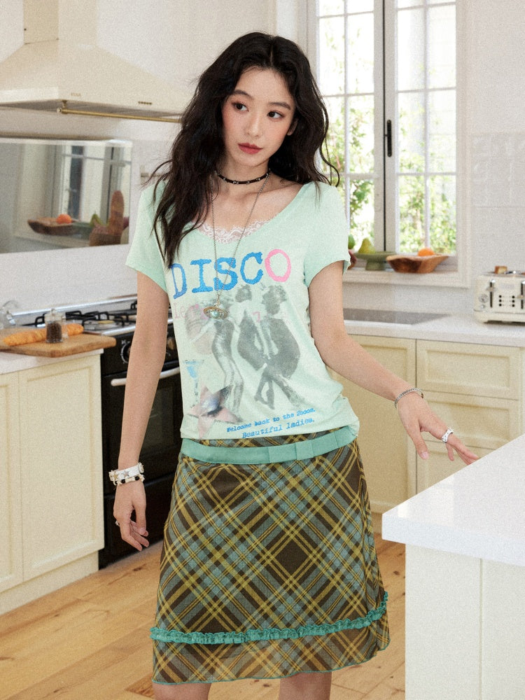 Mesh Color-Block Plaid Satin Bow Pleated A-Line Short Skirt【s0000017200】