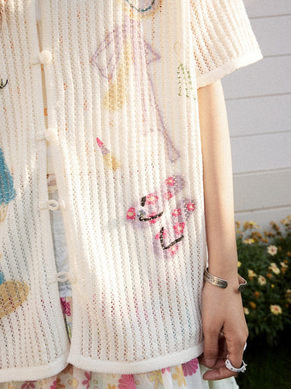 Open-Knit Vertical Stripes Embroidered Loose Short-Sleeve Shirt【s0000017201】
