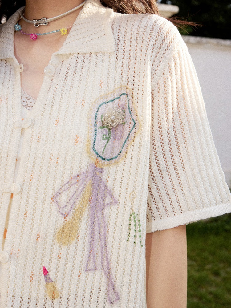 Open-Knit Vertical Stripes Embroidered Loose Short-Sleeve Shirt【s0000017201】