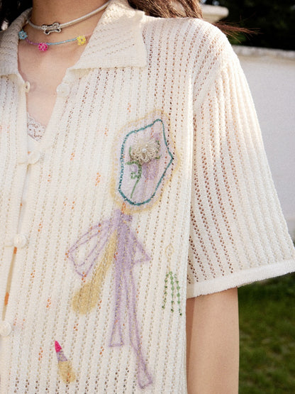 Open-Knit Vertical Stripes Embroidered Loose Short-Sleeve Shirt【s0000017201】