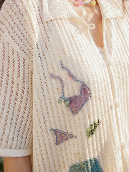 Open-Knit Vertical Stripes Embroidered Loose Short-Sleeve Shirt【s0000017201】