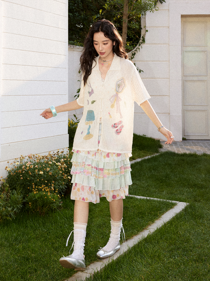 Open-Knit Vertical Stripes Embroidered Loose Short-Sleeve Shirt【s0000017201】