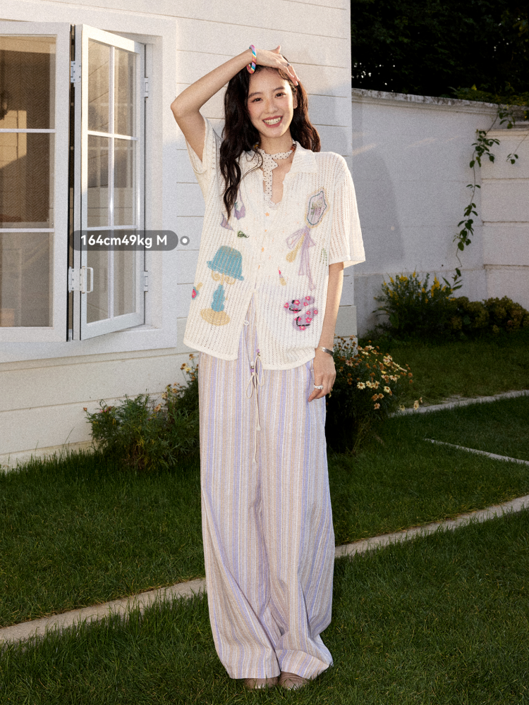 Open-Knit Vertical Stripes Embroidered Loose Short-Sleeve Shirt【s0000017201】