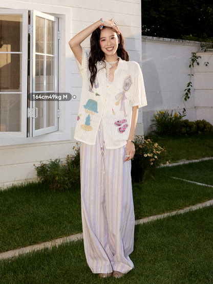 Open-Knit Vertical Stripes Embroidered Loose Short-Sleeve Shirt【s0000017201】