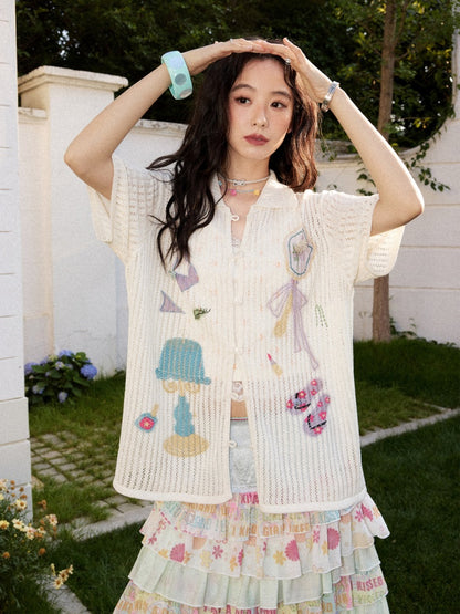 Open-Knit Vertical Stripes Embroidered Loose Short-Sleeve Shirt【s0000017201】