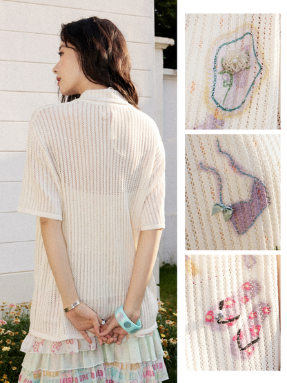 Open-Knit Vertical Stripes Embroidered Loose Short-Sleeve Shirt【s0000017201】