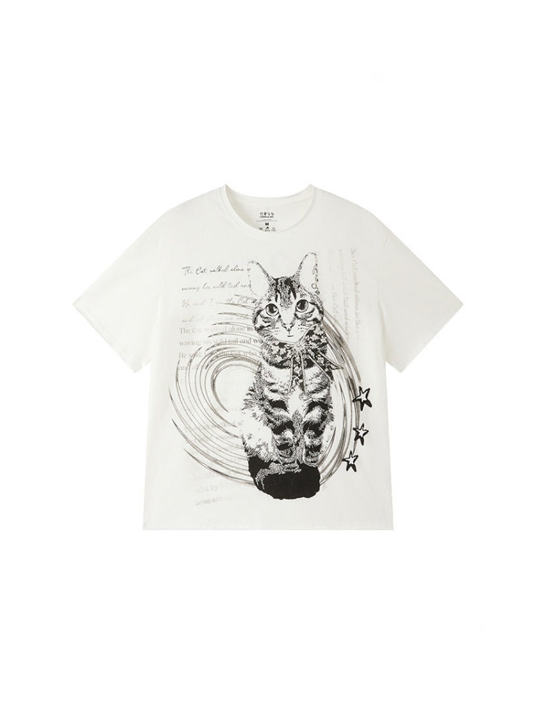 Retro Cat Print Loose Drop Shoulder Short-Sleeve T-Shirt【s0000017202】