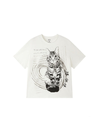 Retro Cat Print Loose Drop Shoulder Short-Sleeve T-Shirt【s0000017202】