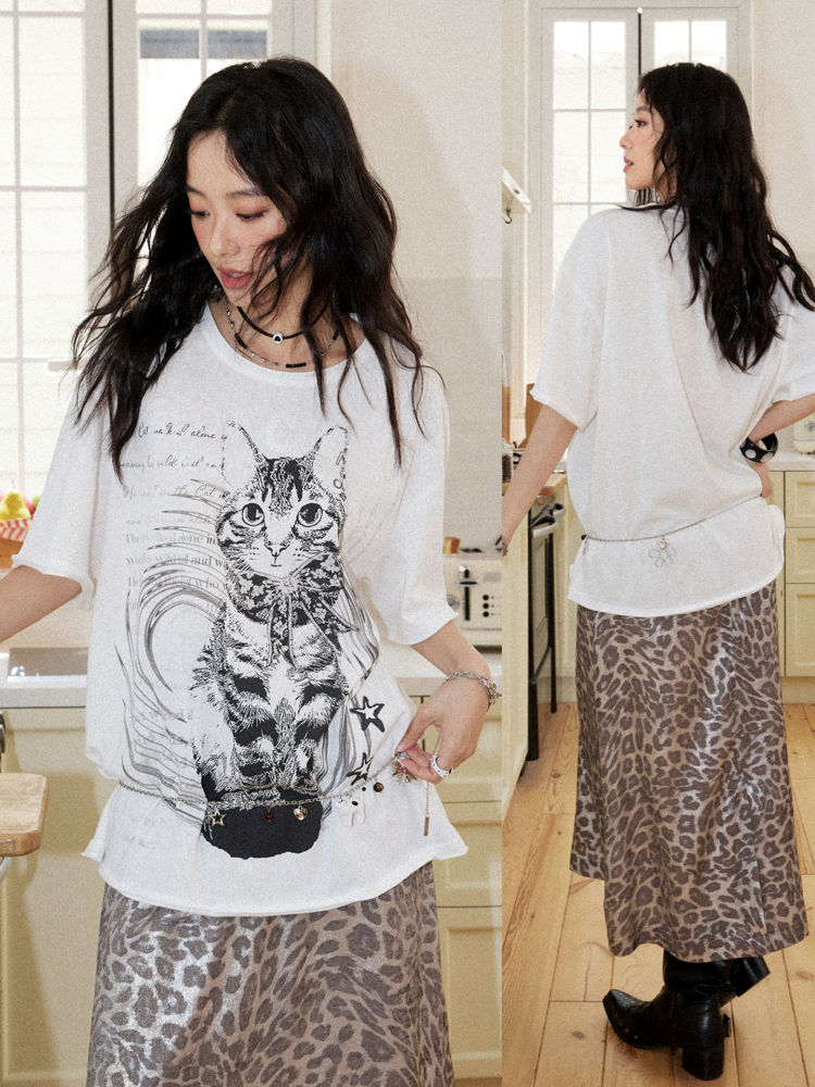 Retro Cat Print Loose Drop Shoulder Short-Sleeve T-Shirt【s0000017202】