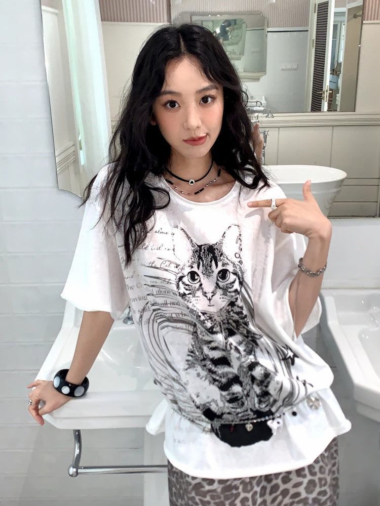Retro Cat Print Loose Drop Shoulder Short-Sleeve T-Shirt【s0000017202】