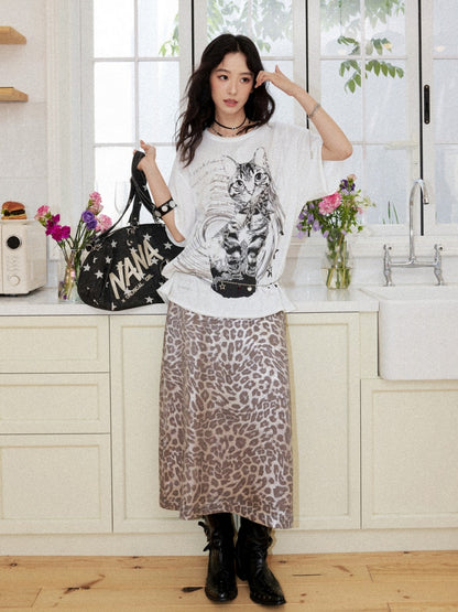 Retro Cat Print Loose Drop Shoulder Short-Sleeve T-Shirt【s0000017202】