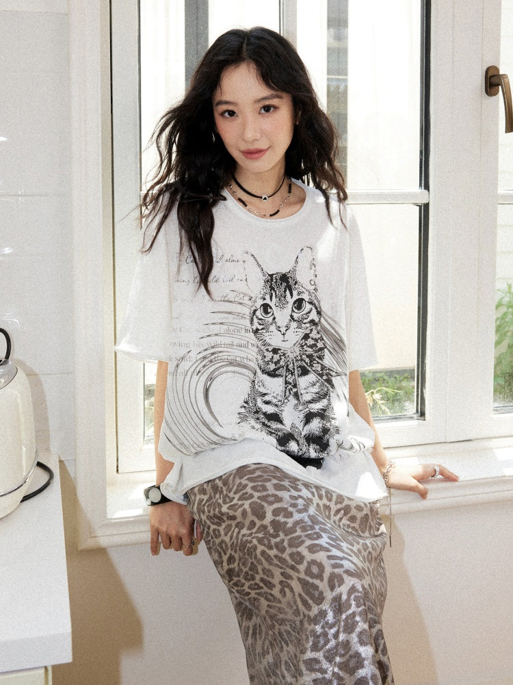 Retro Cat Print Loose Drop Shoulder Short-Sleeve T-Shirt【s0000017202】
