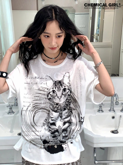 Retro Cat Print Loose Drop Shoulder Short-Sleeve T-Shirt【s0000017202】