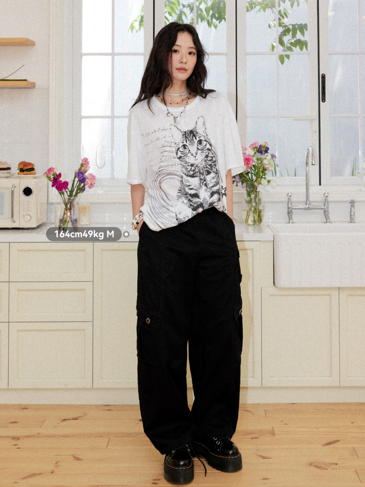 Retro Cat Print Loose Drop Shoulder Short-Sleeve T-Shirt【s0000017202】