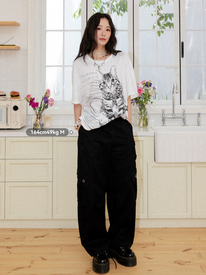 Retro Cat Print Loose Drop Shoulder Short-Sleeve T-Shirt【s0000017202】