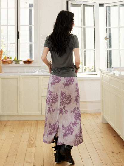 Vintage Floral Print Slit Midi Skirt【s0000017204】