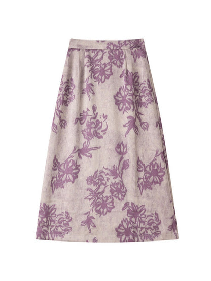 Vintage Floral Print Slit Midi Skirt【s0000017204】