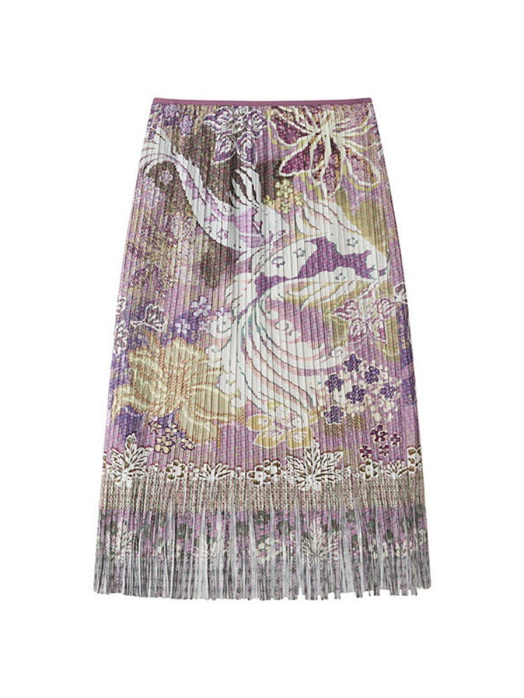Floral Full Print Pleated Tassel A-Line Skirt【s0000017209】