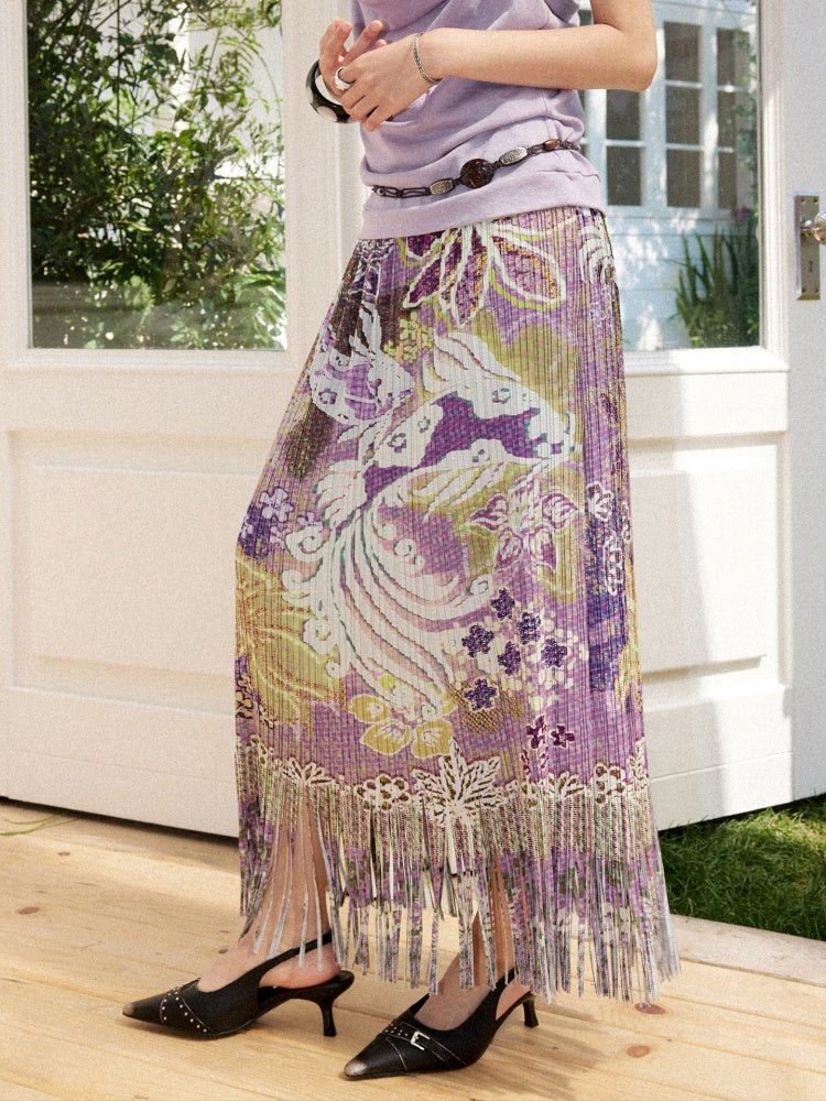 Floral Full Print Pleated Tassel A-Line Skirt【s0000017209】