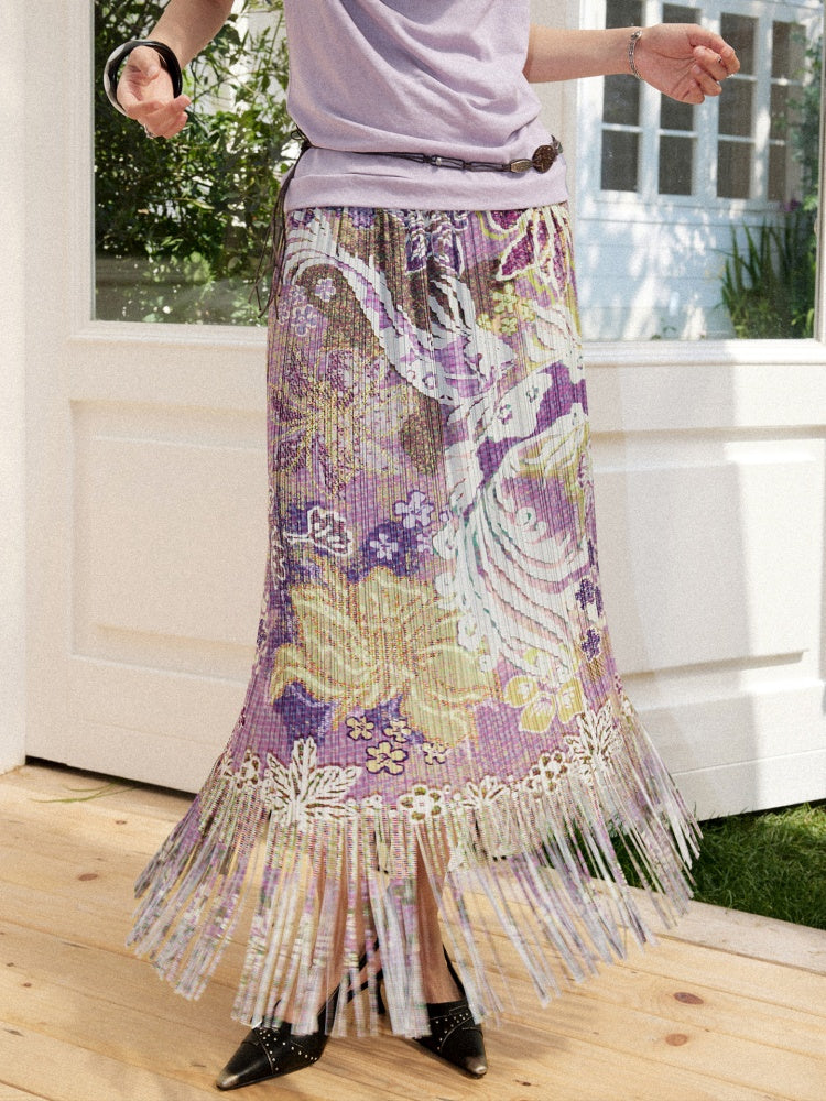 Floral Full Print Pleated Tassel A-Line Skirt【s0000017209】