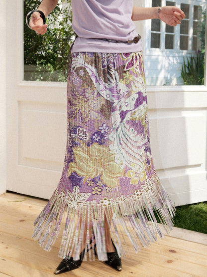 Floral Full Print Pleated Tassel A-Line Skirt【s0000017209】