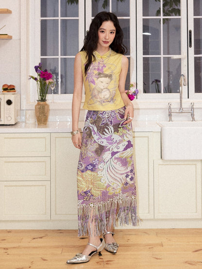 Floral Full Print Pleated Tassel A-Line Skirt【s0000017209】
