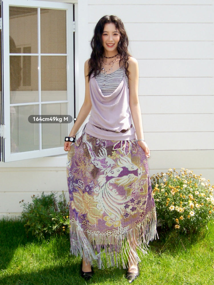 Floral Full Print Pleated Tassel A-Line Skirt【s0000017209】