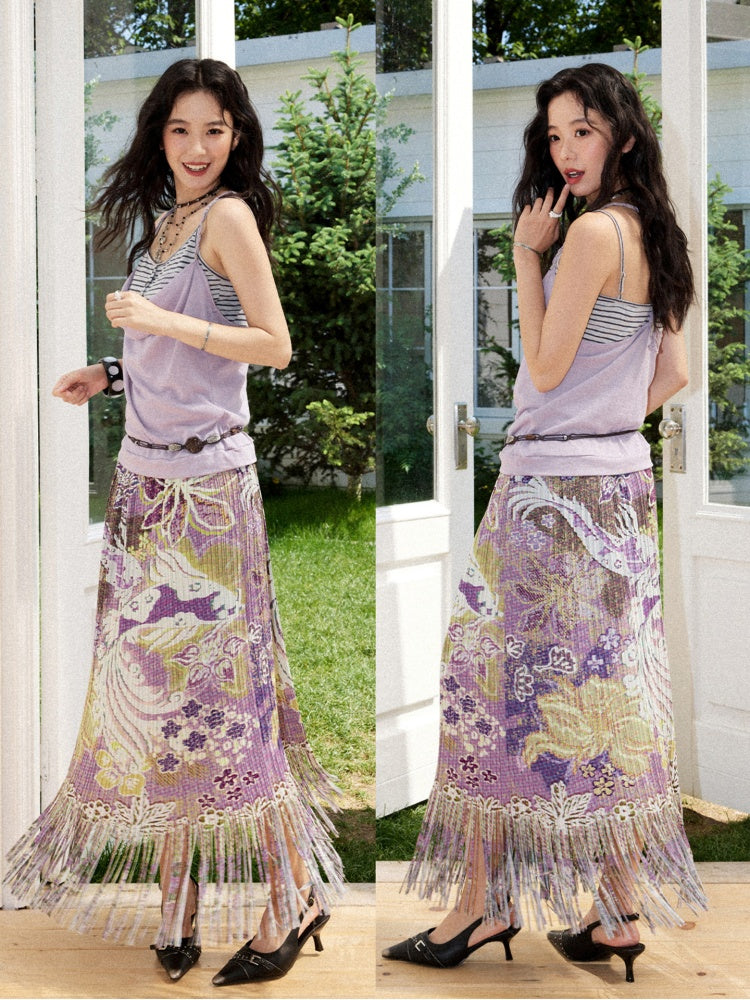Floral Full Print Pleated Tassel A-Line Skirt【s0000017209】