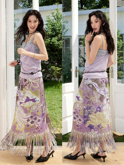 Floral Full Print Pleated Tassel A-Line Skirt【s0000017209】