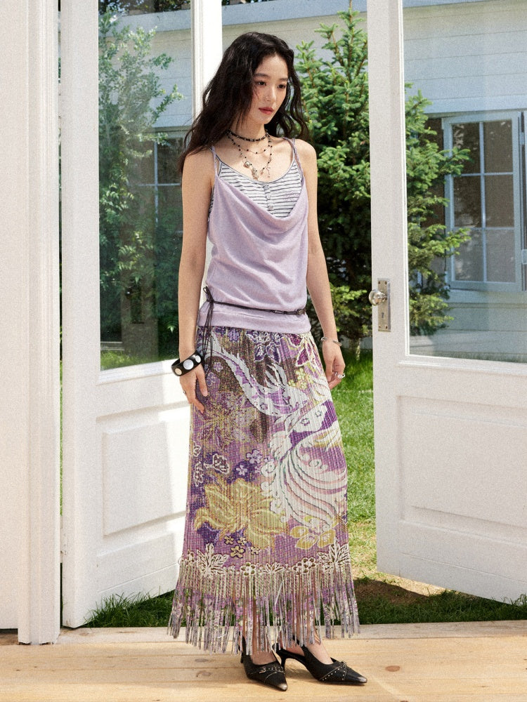 Floral Full Print Pleated Tassel A-Line Skirt【s0000017209】