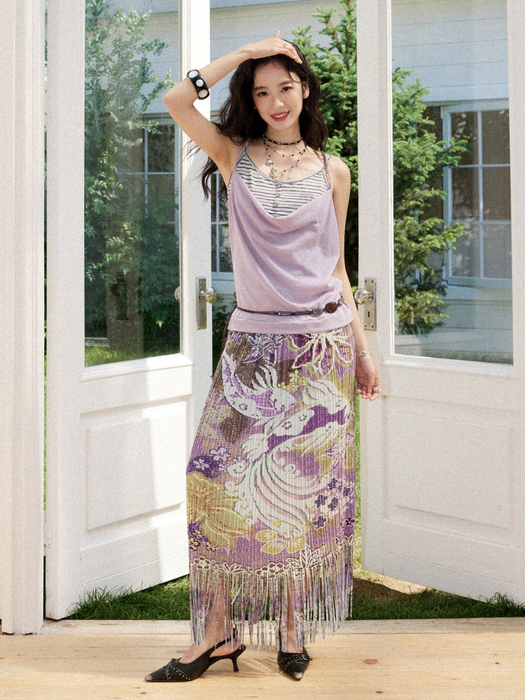 Floral Full Print Pleated Tassel A-Line Skirt【s0000017209】