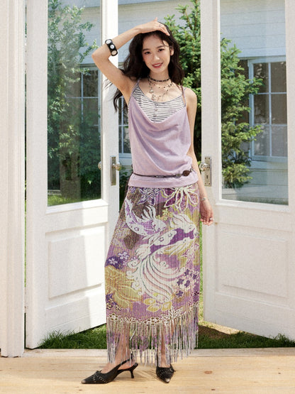 Floral Full Print Pleated Tassel A-Line Skirt【s0000017209】