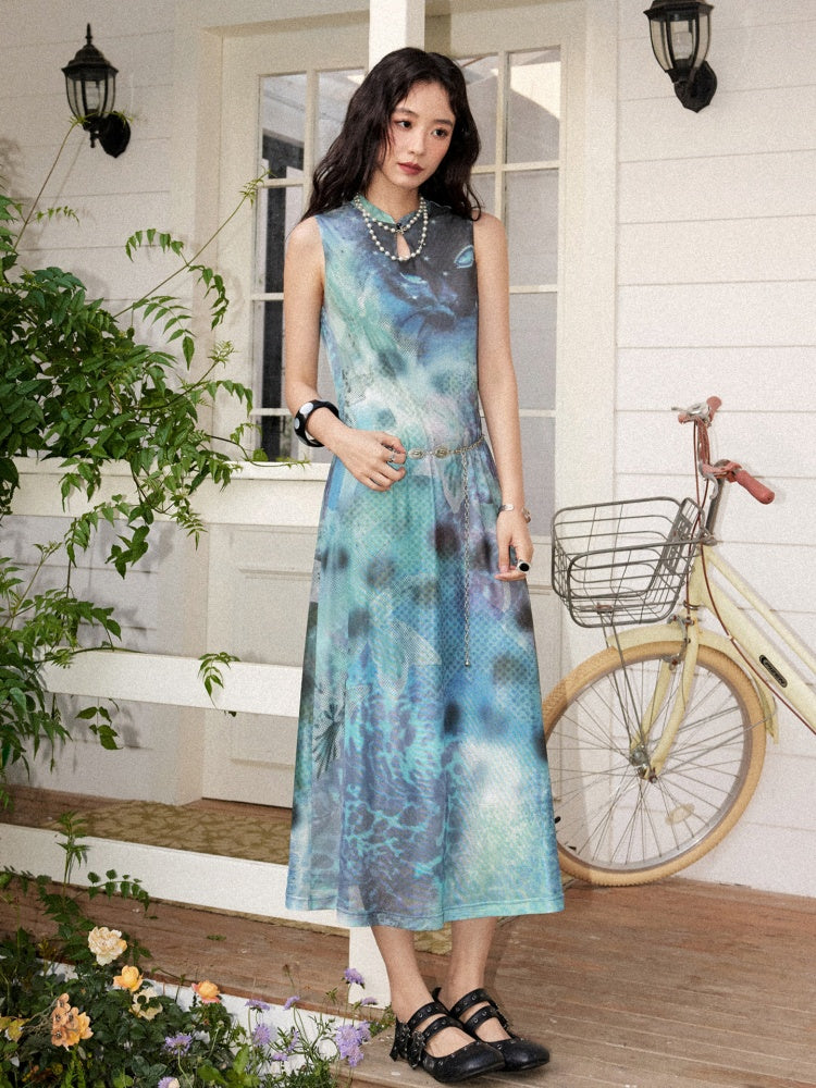 Neo Chinese Mesh Leopard Floral Full Print Dress【s0000017210】