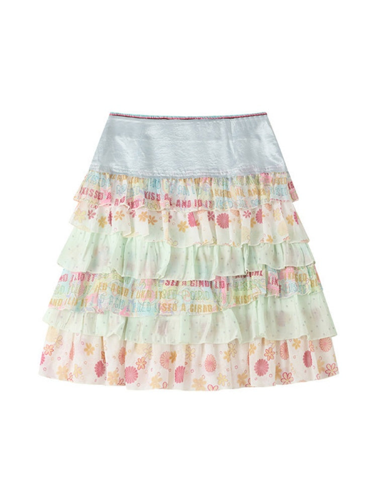 Satin Patchwork Floral Full Print Cake Skirt【s0000017211】