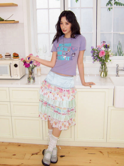 Satin Patchwork Floral Full Print Cake Skirt【s0000017211】
