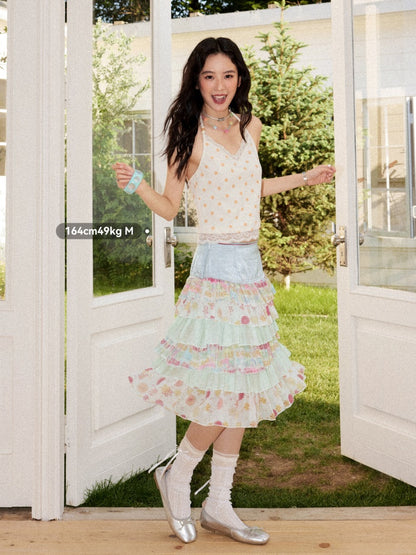 Satin Patchwork Floral Full Print Cake Skirt【s0000017211】