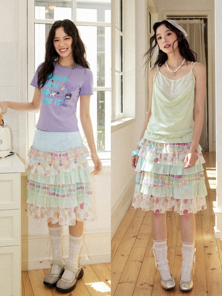 Satin Patchwork Floral Full Print Cake Skirt【s0000017211】