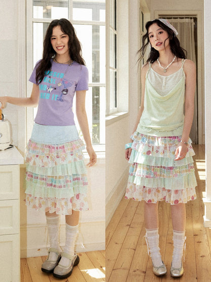 Satin Patchwork Floral Full Print Cake Skirt【s0000017211】