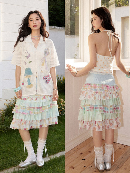 Satin Patchwork Floral Full Print Cake Skirt【s0000017211】
