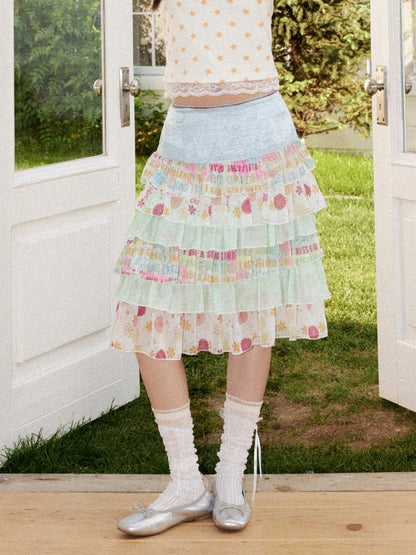 Satin Patchwork Floral Full Print Cake Skirt【s0000017211】