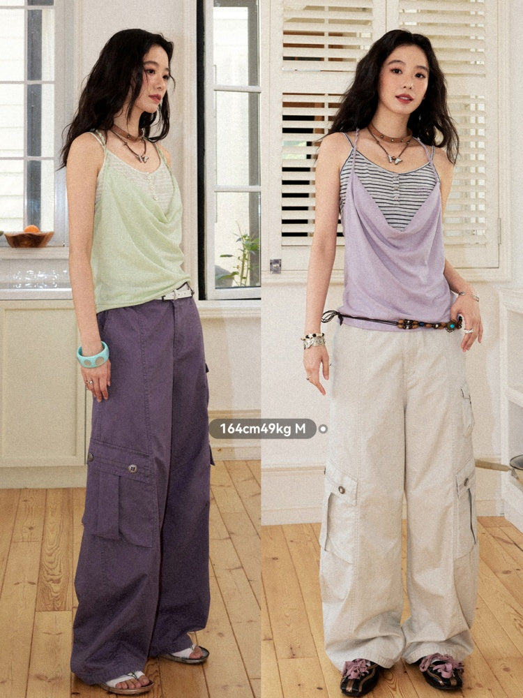 Washed Cotton Metal Buckle Pockets Workwear Barrel Leg Pants【s0000017212】