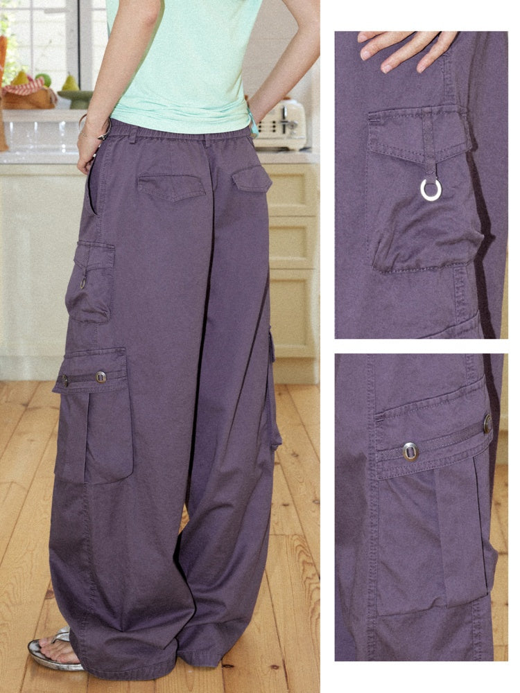 Washed Cotton Metal Buckle Pockets Workwear Barrel Leg Pants【s0000017212】