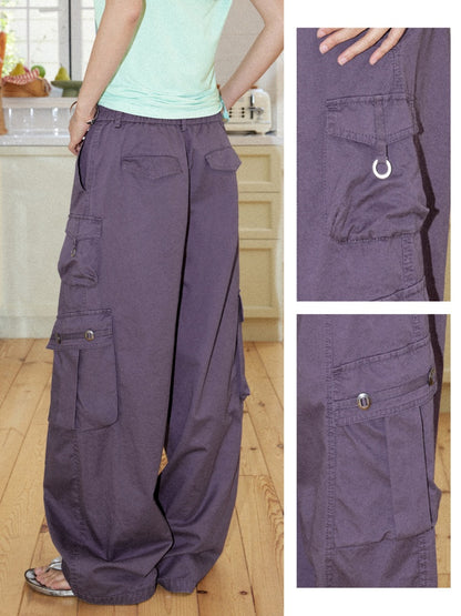 Washed Cotton Metal Buckle Pockets Workwear Barrel Leg Pants【s0000017212】