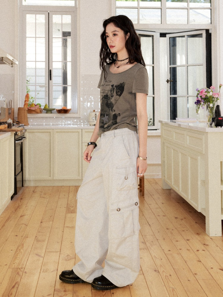 Washed Cotton Metal Buckle Pockets Workwear Barrel Leg Pants【s0000017212】