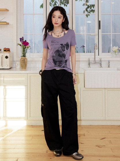 Washed Cotton Metal Buckle Pockets Workwear Barrel Leg Pants【s0000017212】
