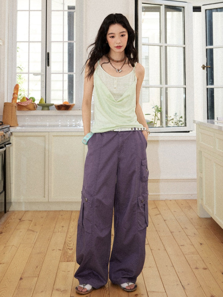 Washed Cotton Metal Buckle Pockets Workwear Barrel Leg Pants【s0000017212】